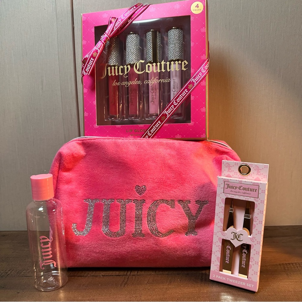 Juicy Couture Pink Cosmetic Bag & Lip Gloss, Tweezer Gift Set Bundle
